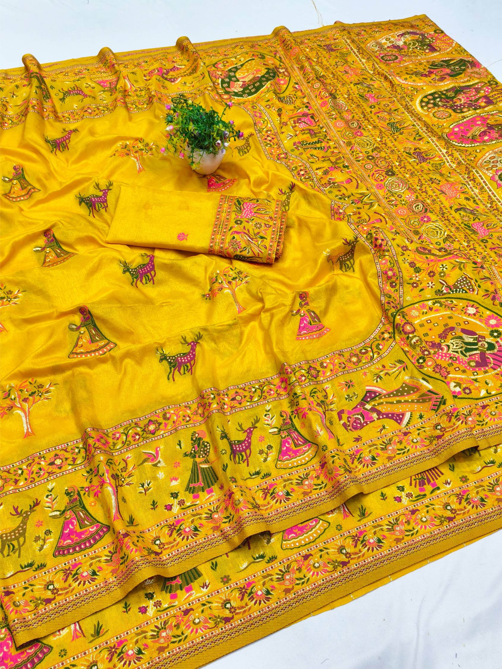 Staring Yellow Nylon Dola Pashmina Saree With Invaluable Blouse Piece
