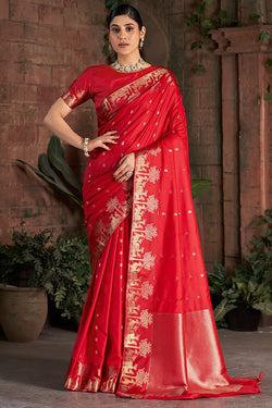 Super classy Red Pure Zari Weaving Banarasi Silk Saree With Whimsical Blouse Piece