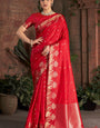 Super classy Red Pure Zari Weaving Banarasi Silk Saree With Whimsical Blouse Piece