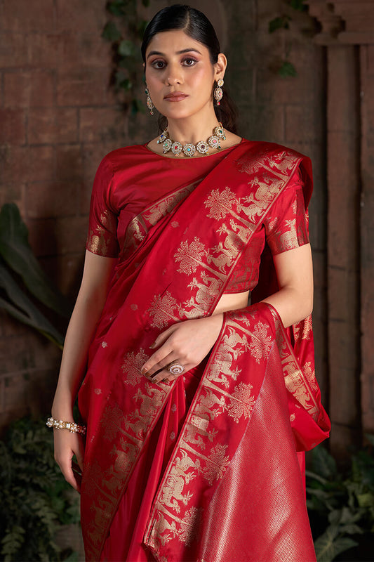 Super classy Red Pure Zari Weaving Banarasi Silk Saree With Whimsical Blouse Piece