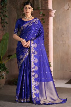 Flattering Royal Blue Pure Zari Weaving Banarasi Silk Saree With Glamorous Blouse Piece