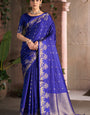 Flattering Royal Blue Pure Zari Weaving Banarasi Silk Saree With Glamorous Blouse Piece