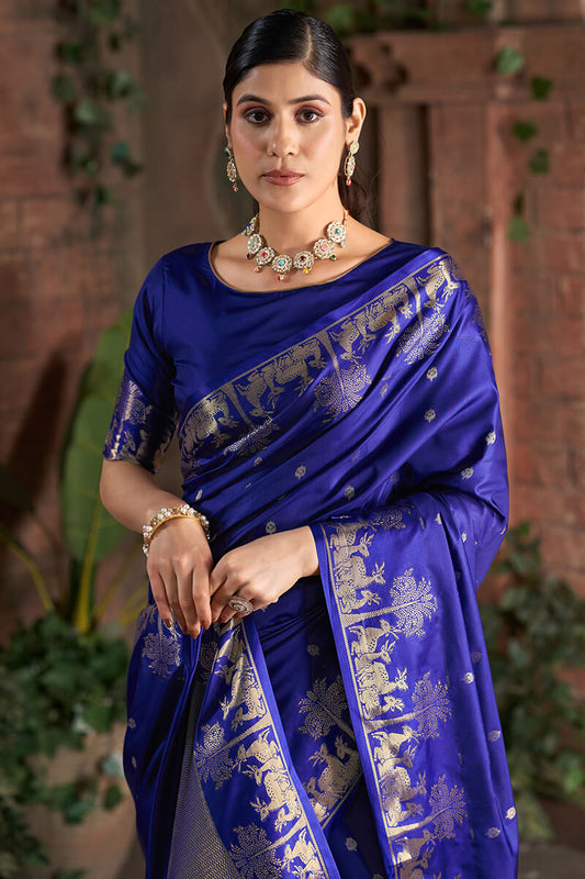 Flattering Royal Blue Pure Zari Weaving Banarasi Silk Saree With Glamorous Blouse Piece