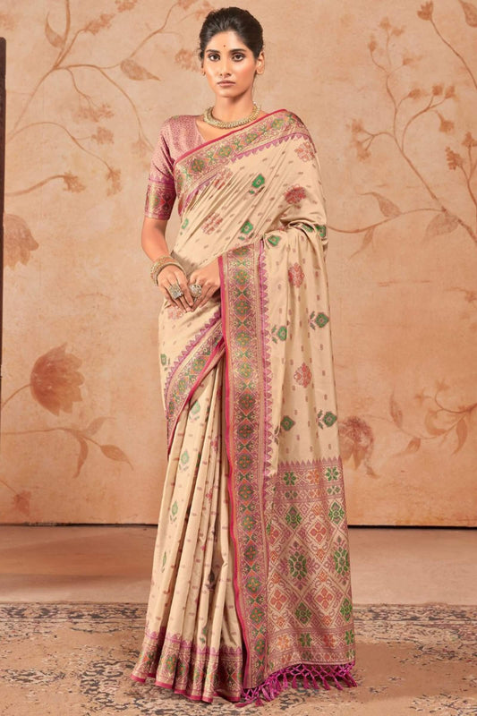Sophisticated Beige Patola Silk Saree with Impressive Blouse Piece