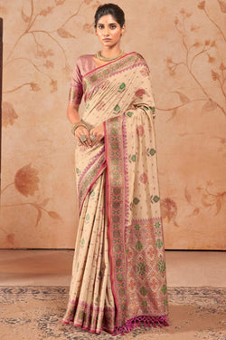 Sophisticated Beige Patola Silk Saree with Impressive Blouse Piece