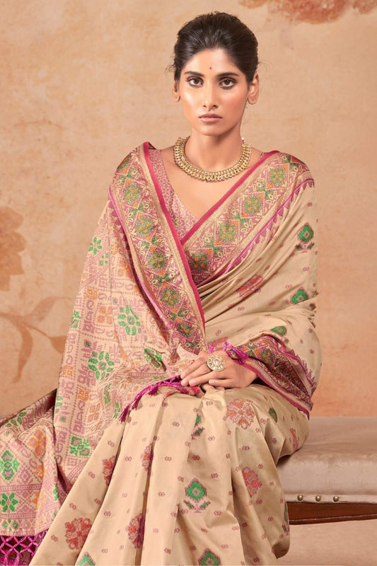 Sophisticated Beige Patola Silk Saree with Impressive Blouse Piece