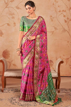 Lissome Dark Pink Patola Silk Saree with Prominent Blouse Piece