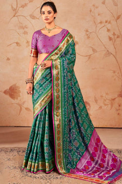 Whimsical Green Patola Silk Saree with Opulent Blouse Piece