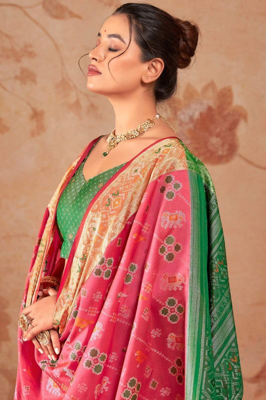 Unequalled Pink Patola Silk Saree with Embrocation Blouse Piece