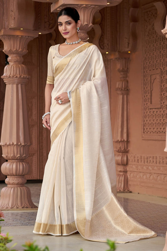 Wonderful Off White Cotton Silk Saree With Sizzling Blouse Piece