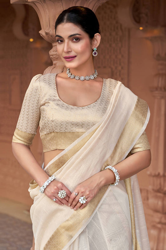 Wonderful Off White Cotton Silk Saree With Sizzling Blouse Piece