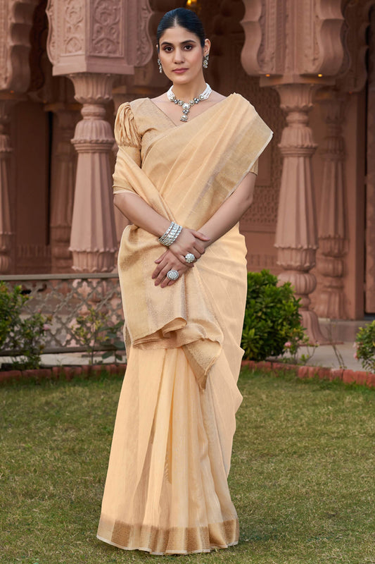 Inimitable Peach Cotton Silk Saree With Transcendent Blouse Piece