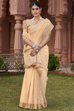 Inimitable Peach Cotton Silk Saree With Transcendent Blouse Piece