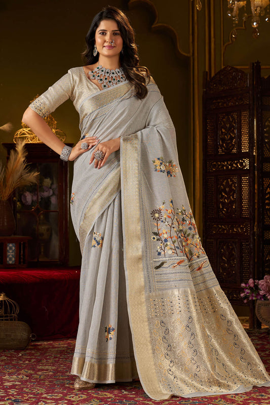 Opulent Grey Handwork Linen Silk Saree With Outstanding Blouse Piece