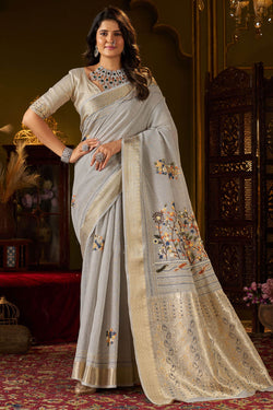 Opulent Grey Handwork Linen Silk Saree With Outstanding Blouse Piece
