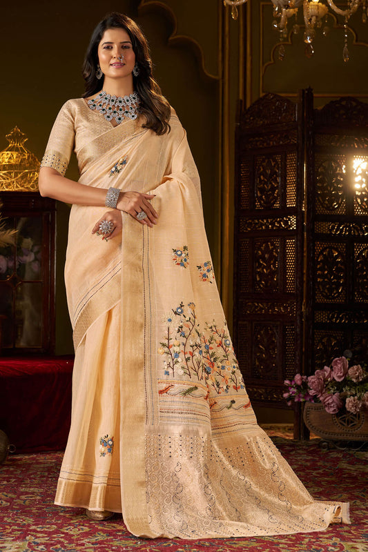 Improbable Peach Handwork Linen Silk Saree With Pretty Blouse Piece