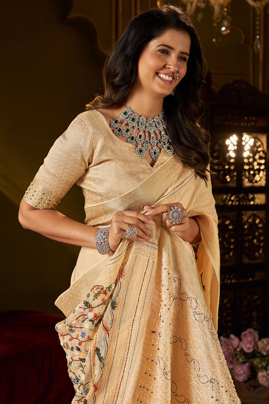 Improbable Peach Handwork Linen Silk Saree With Pretty Blouse Piece