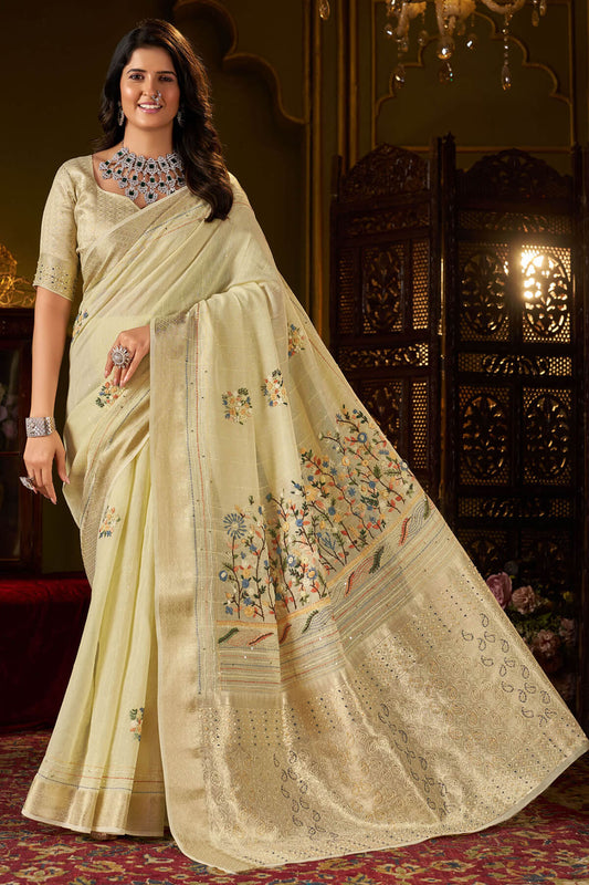 Prodigal Pista Handwork Linen Silk Saree With Elegant Blouse Piece