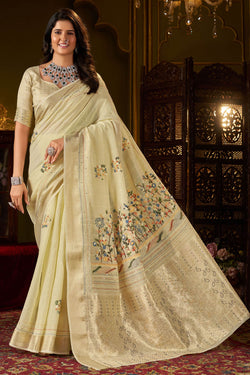 Prodigal Pista Handwork Linen Silk Saree With Elegant Blouse Piece