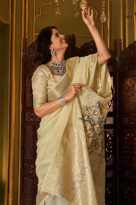 Prodigal Pista Handwork Linen Silk Saree With Elegant Blouse Piece