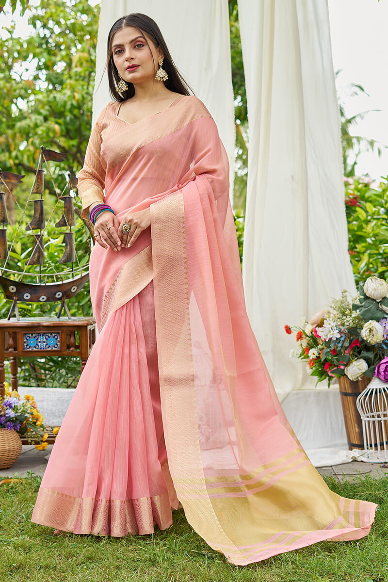 Winsome Pink Cotton Silk Saree With Trendy Blouse Piece