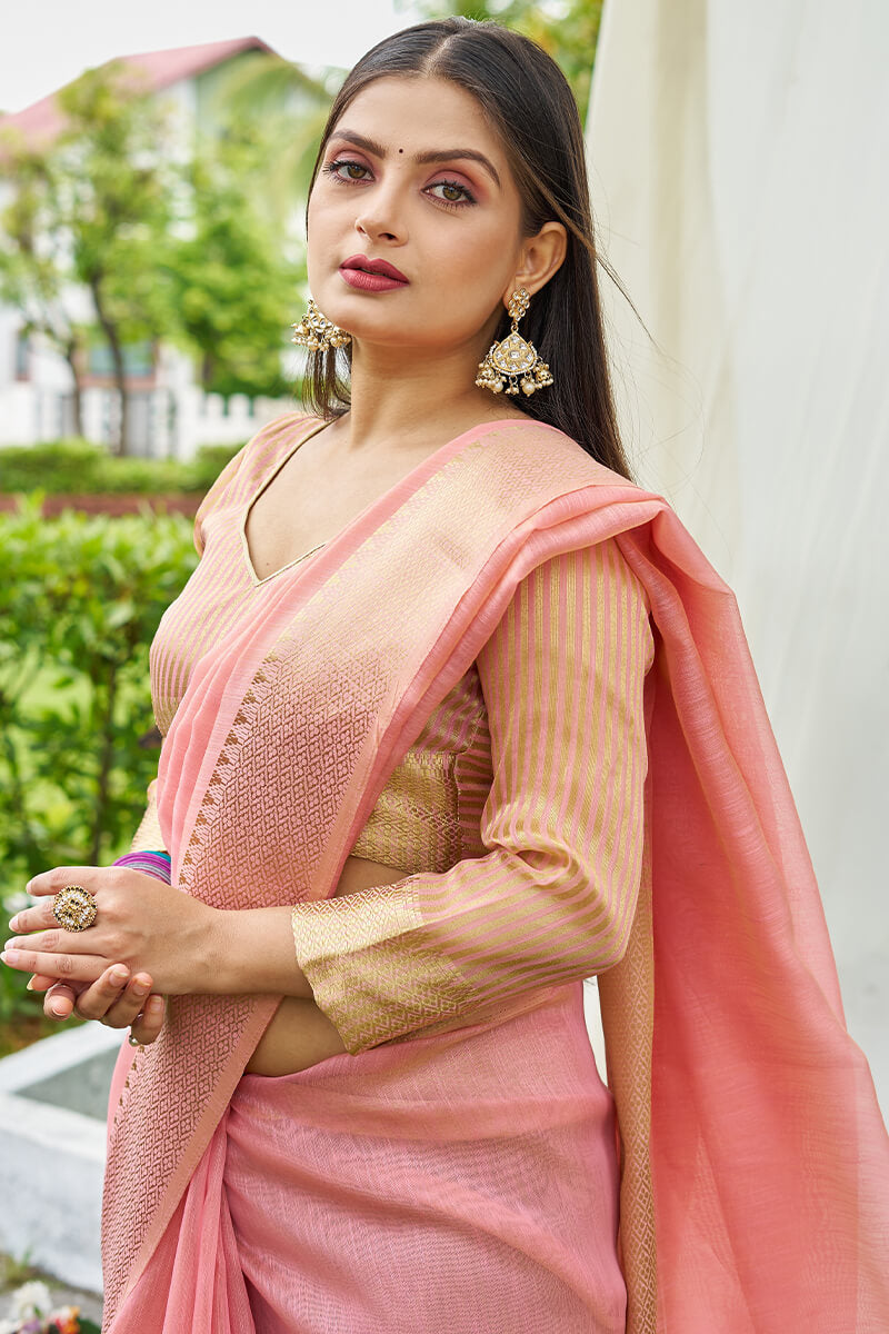 Winsome Pink Cotton Silk Saree With Trendy Blouse Piece