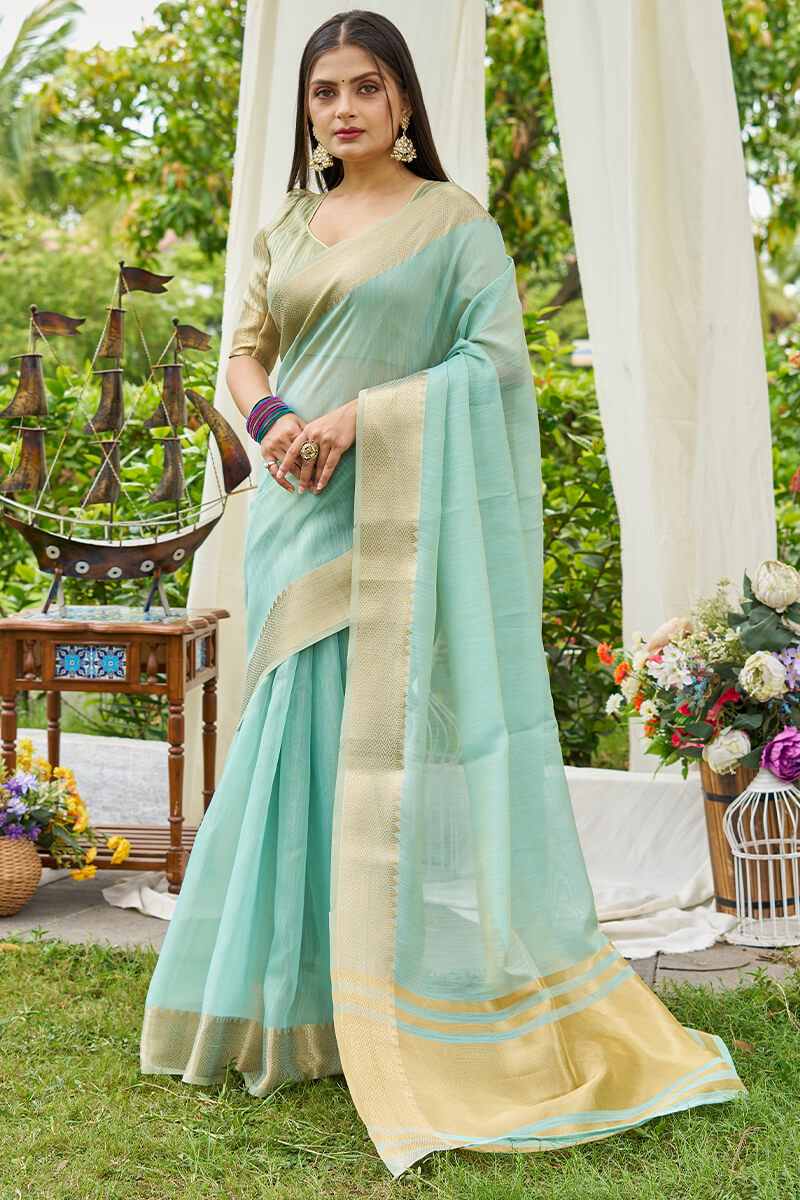 Jazzy Sky Cotton Silk Saree With Enchanting Blouse Piece