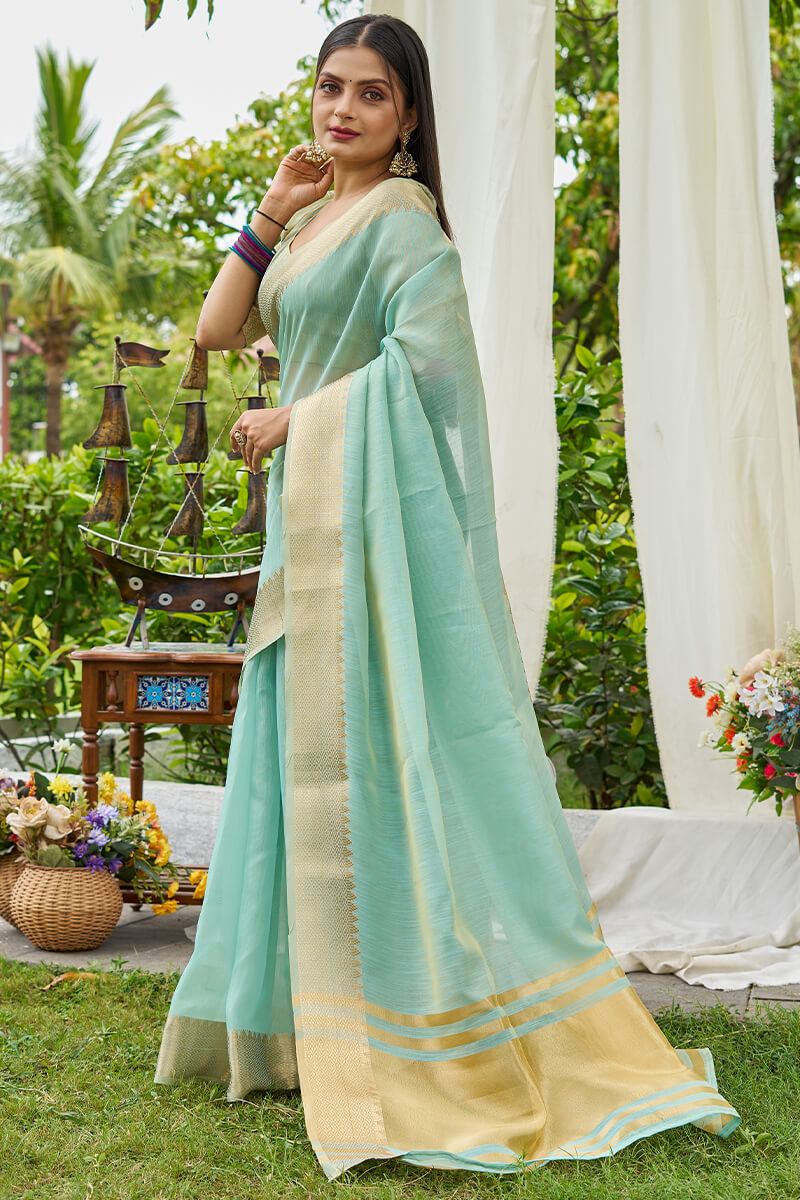 Jazzy Sky Cotton Silk Saree With Enchanting Blouse Piece