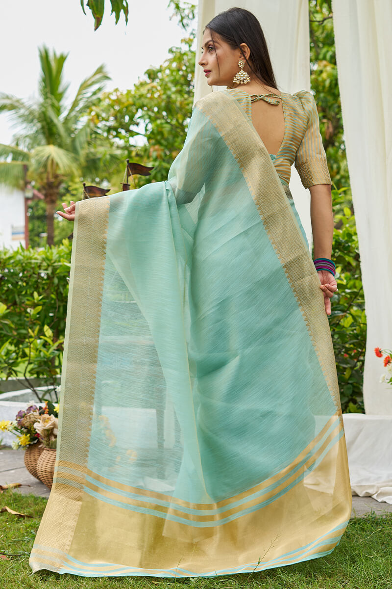 Jazzy Sky Cotton Silk Saree With Enchanting Blouse Piece