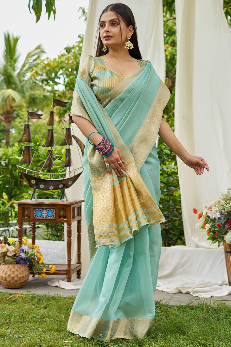 Jazzy Sky Cotton Silk Saree With Enchanting Blouse Piece