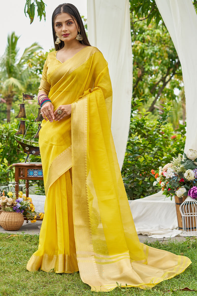 Charismatic Yellow Cotton Silk Saree With Demure Blouse Piece