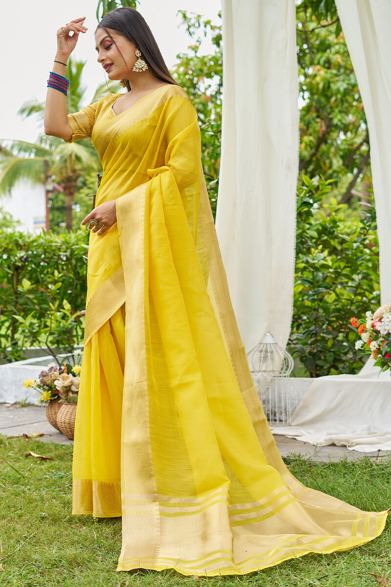 Charismatic Yellow Cotton Silk Saree With Demure Blouse Piece