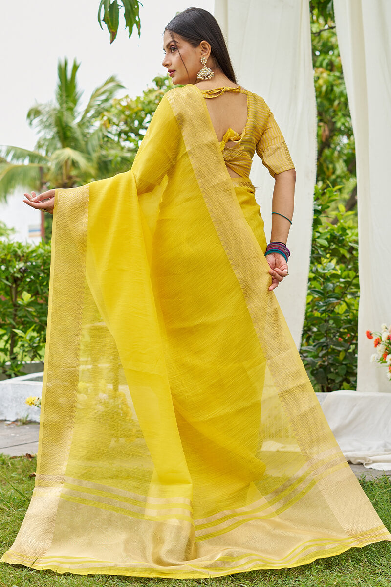 Charismatic Yellow Cotton Silk Saree With Demure Blouse Piece