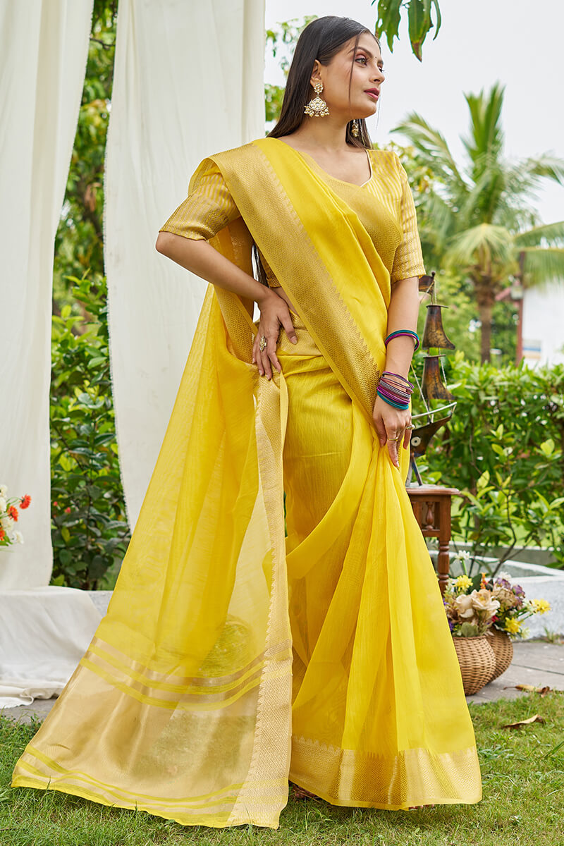 Charismatic Yellow Cotton Silk Saree With Demure Blouse Piece