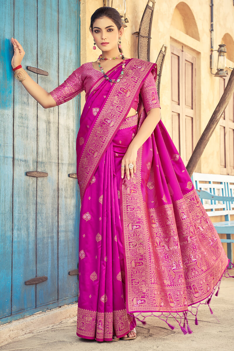 Splendorous Dark Pink Soft Banarasi Silk Saree With Alluring Blouse Piece