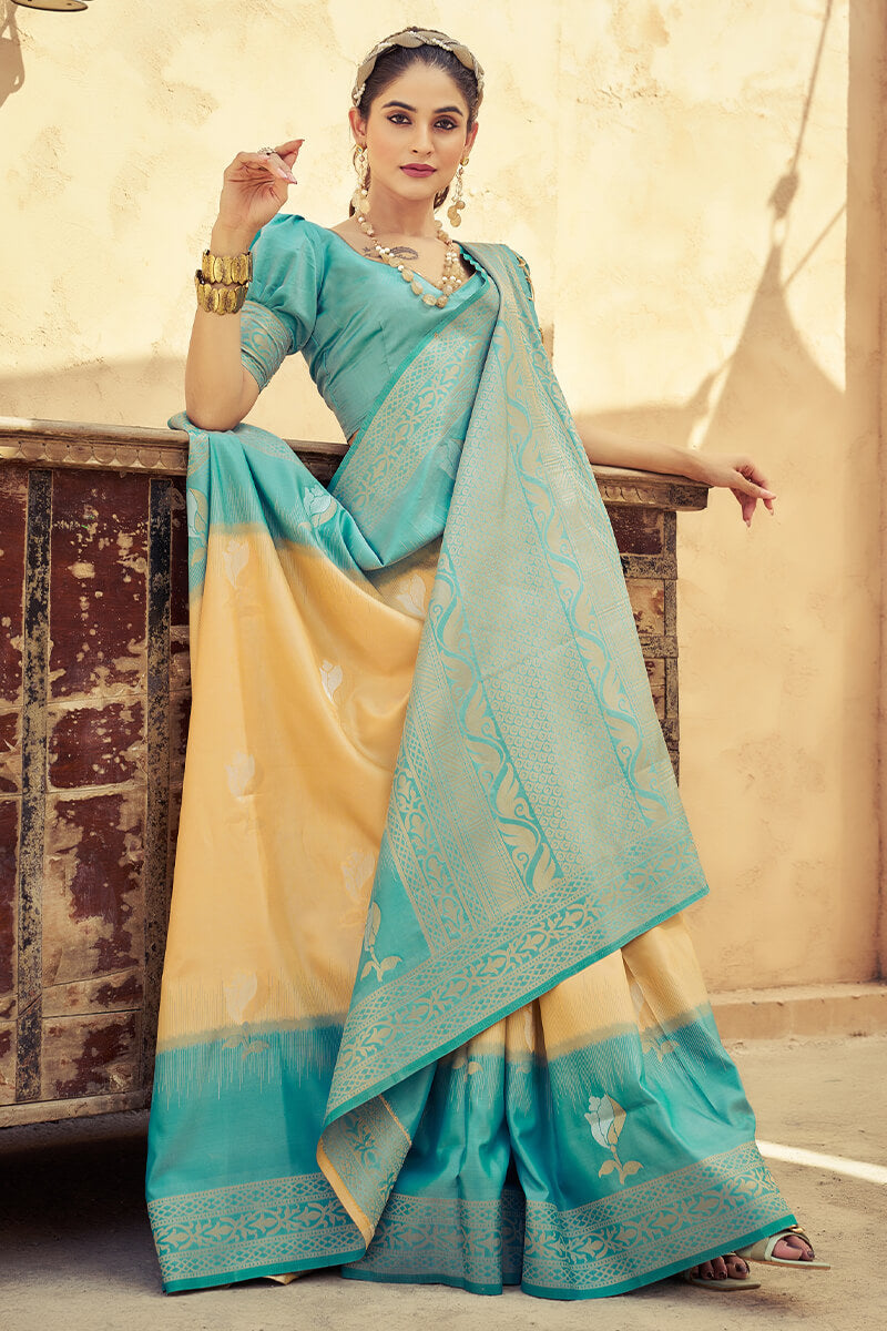 Elision Peach Soft Banarasi Silk Saree With Nectarous Blouse Piece