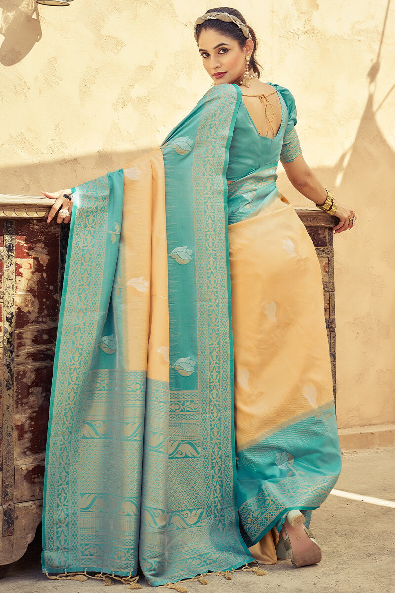 Elision Peach Soft Banarasi Silk Saree With Nectarous Blouse Piece