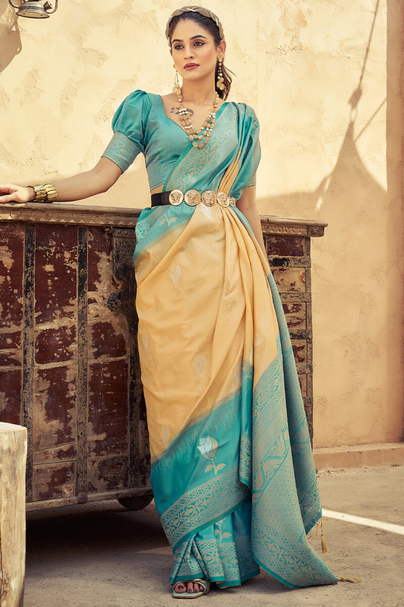 Elision Peach Soft Banarasi Silk Saree With Nectarous Blouse Piece