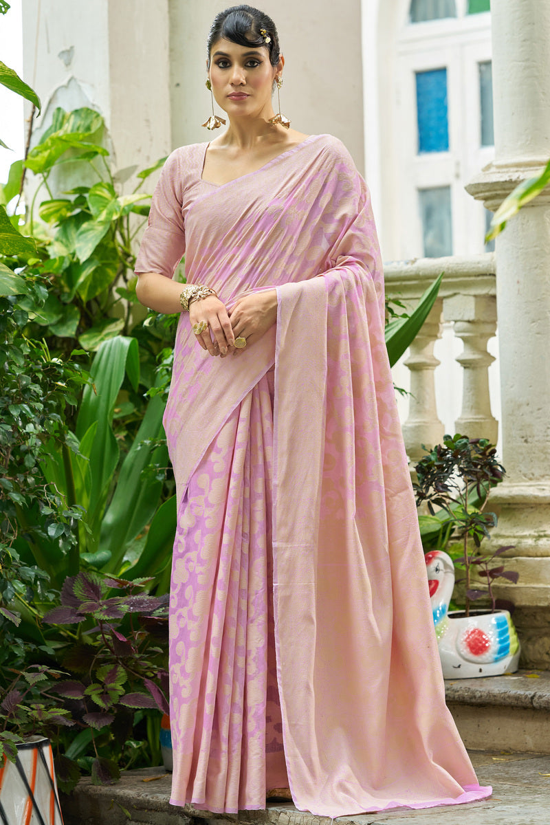 Conflate Baby Pink Lucknowi Silk Saree With Embrocation Blouse Piece