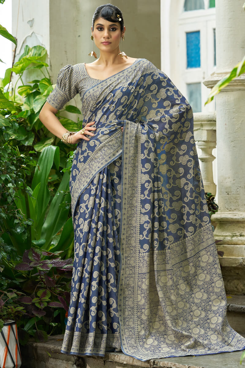 Divine Blue Lucknowi Silk Saree With Angelic Blouse Piece