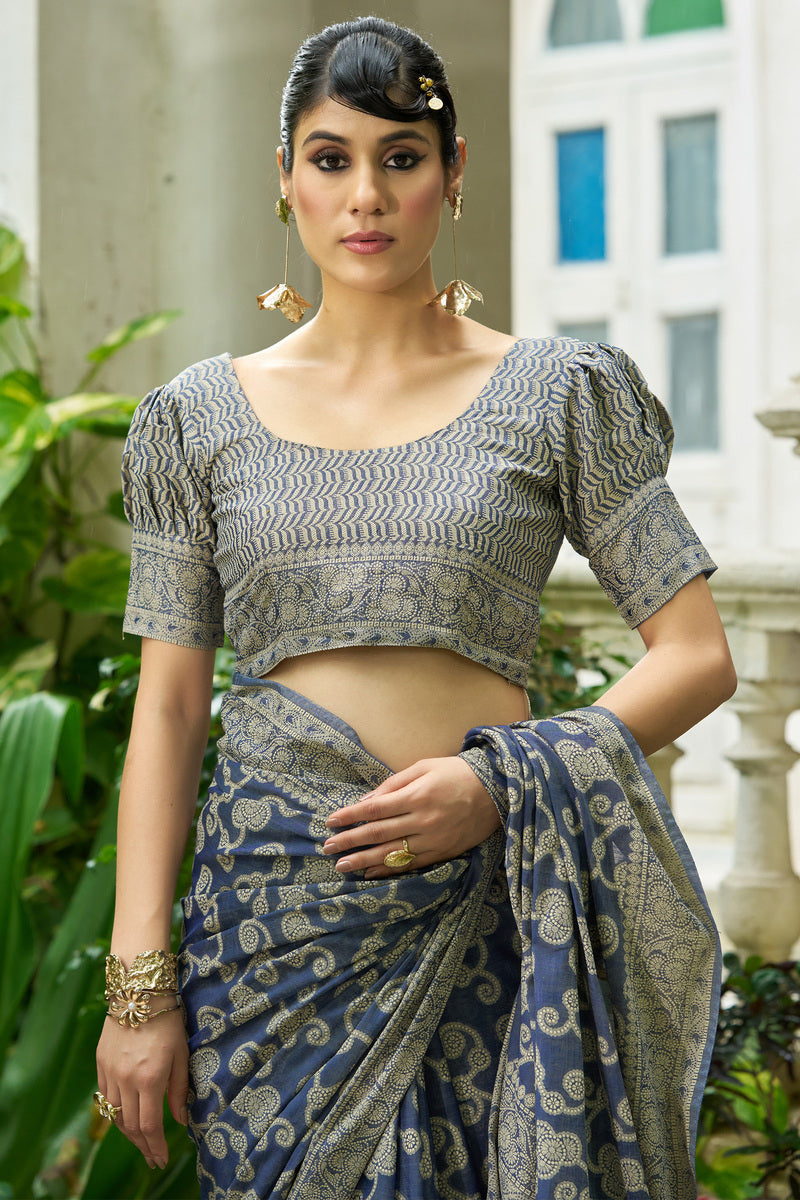 Divine Blue Lucknowi Silk Saree With Angelic Blouse Piece