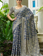 Divine Blue Lucknowi Silk Saree With Angelic Blouse Piece