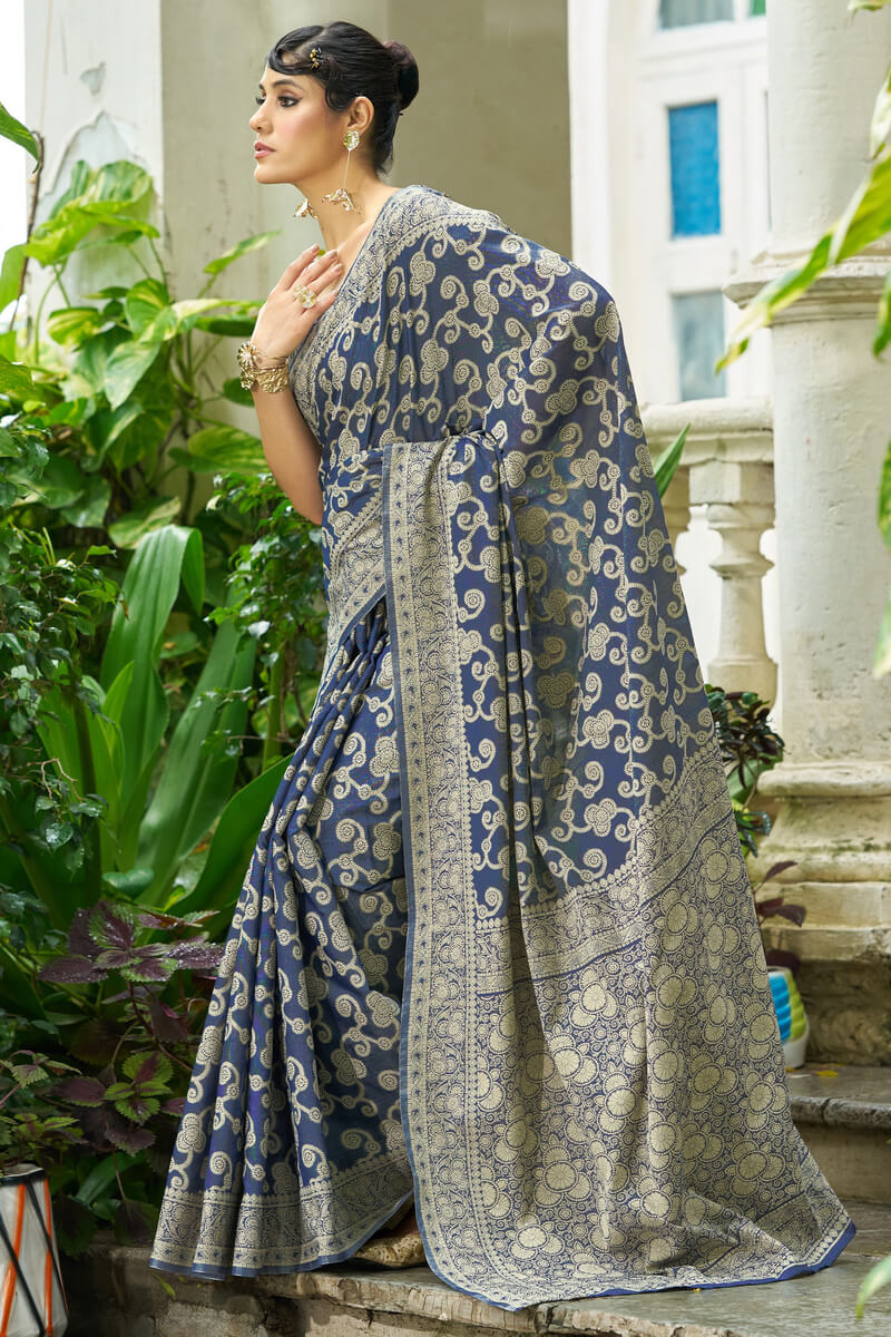 Divine Blue Lucknowi Silk Saree With Angelic Blouse Piece