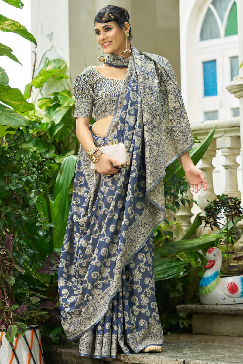 Divine Blue Lucknowi Silk Saree With Angelic Blouse Piece