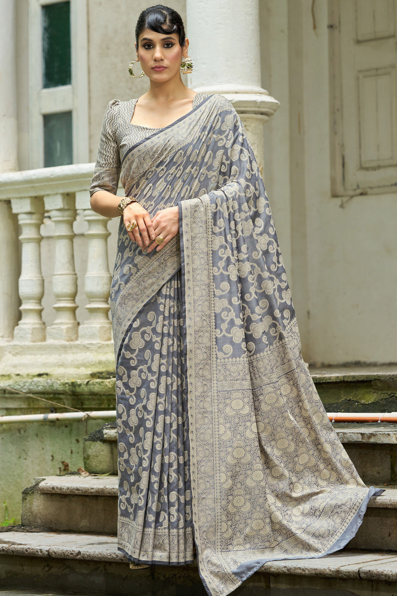 Lassitude Dark Grey Lucknowi Silk Saree With Imaginative Blouse Piece