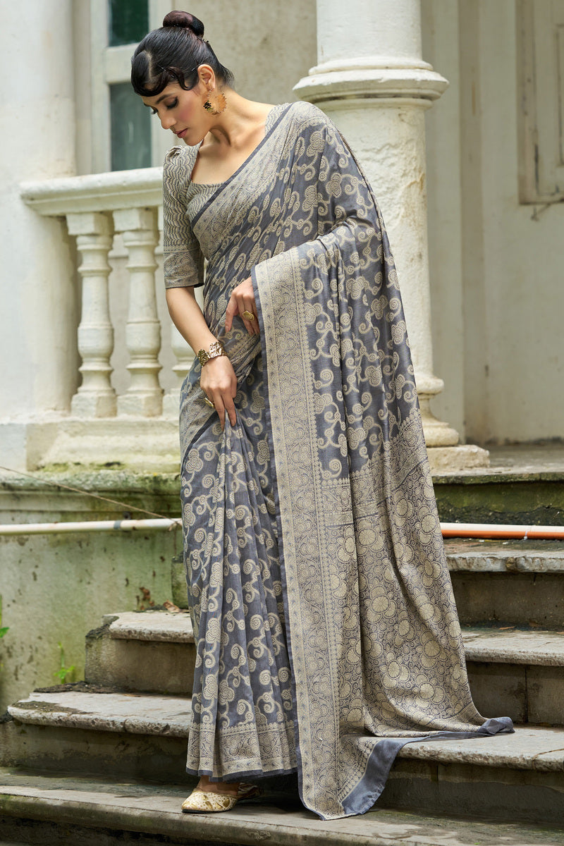 Lassitude Dark Grey Lucknowi Silk Saree With Imaginative Blouse Piece