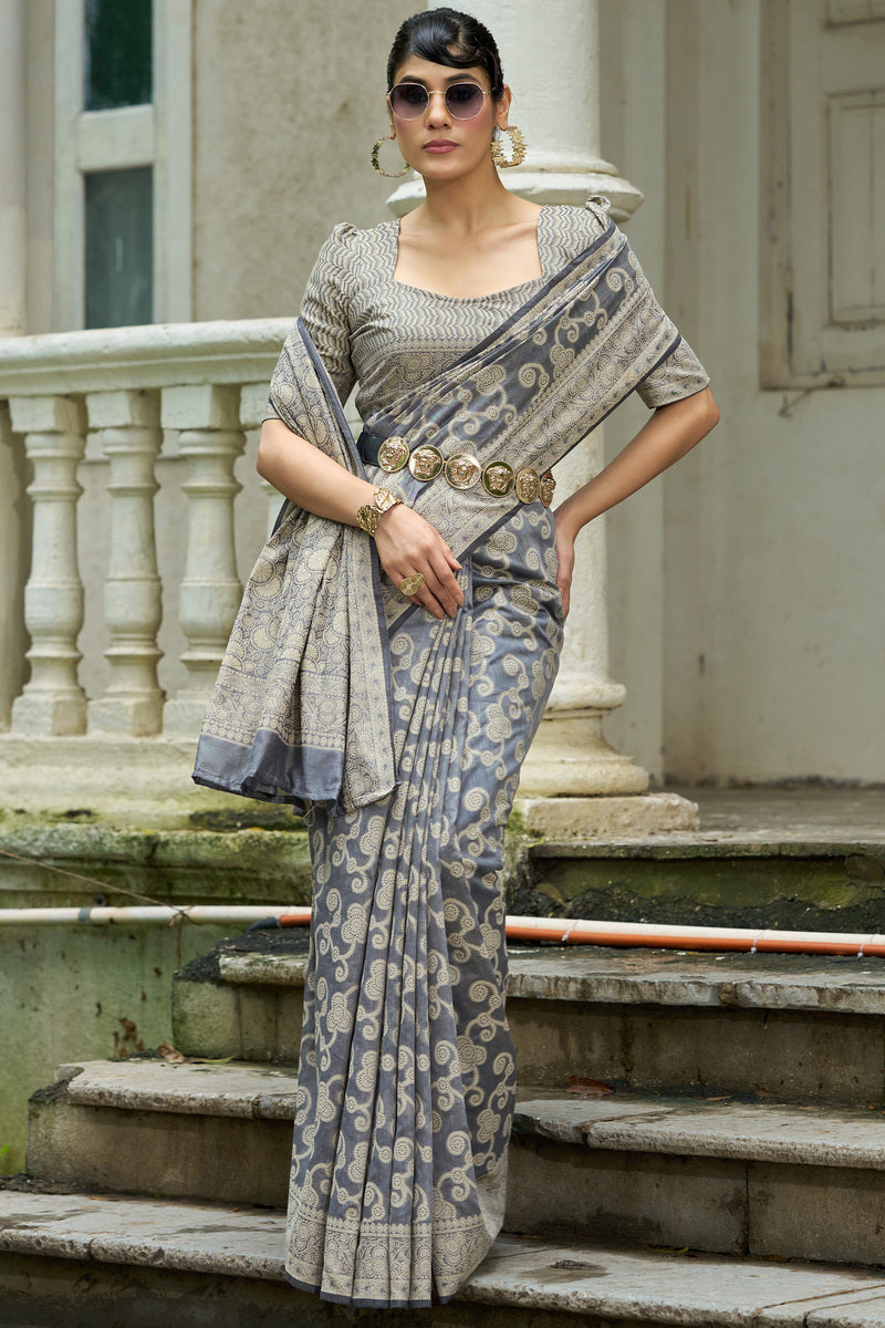 Lassitude Dark Grey Lucknowi Silk Saree With Imaginative Blouse Piece