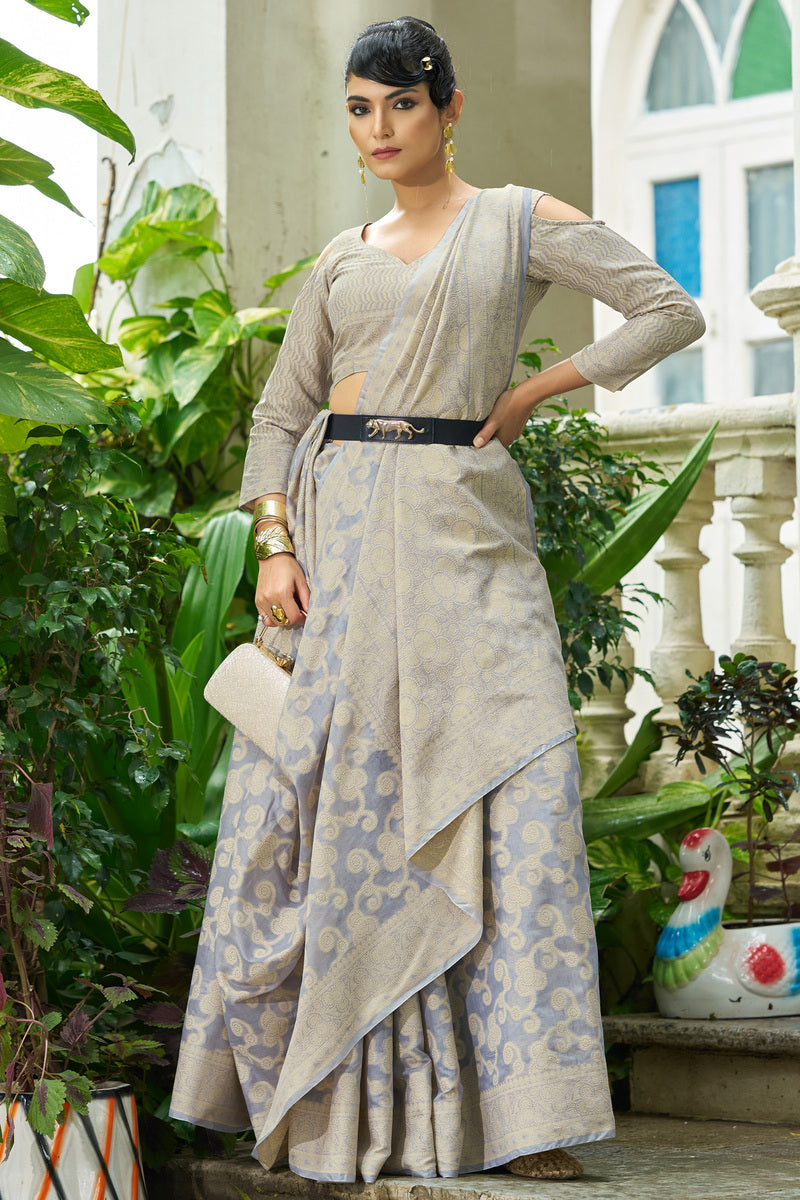 Engaging Grey Lucknowi Silk Saree With Luxuriant Blouse Piece