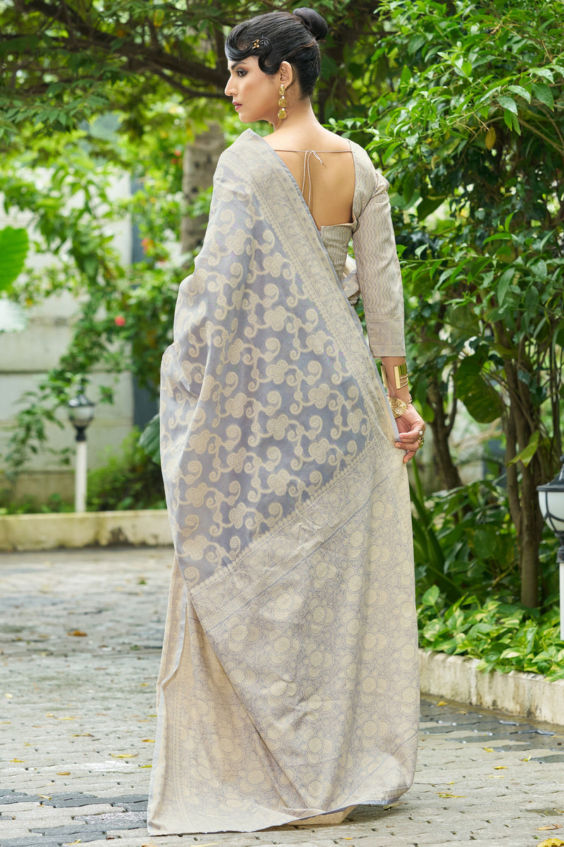 Engaging Grey Lucknowi Silk Saree With Luxuriant Blouse Piece
