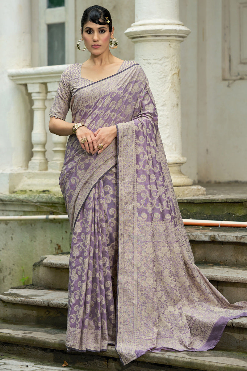 Fancifull Lavender Lucknowi Silk Saree With Vivacious Blouse Piece